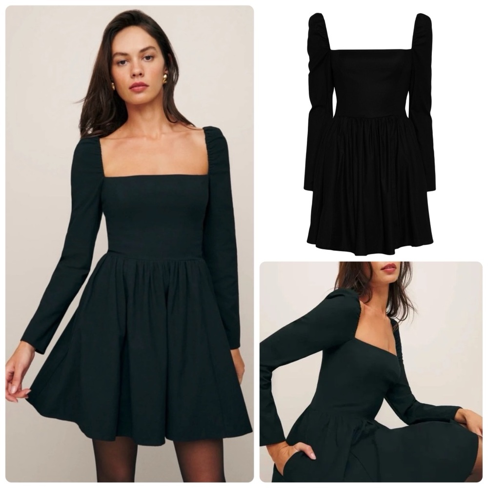 Reformation Parmida Poplin Cotton Long Puff Sleeve Square Neck Black Mini Dress